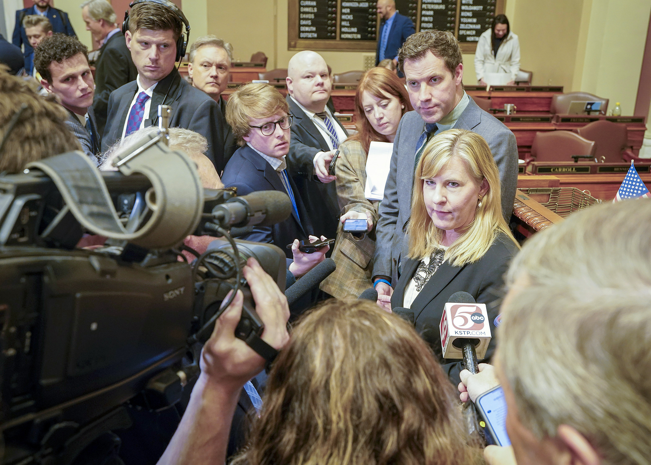 House Speaker Melissa Hortman fields questions from the Capitol press corps following the Feb. 12 floor session opening the 2024 legislative session. (Photo by Andrew VonBank)